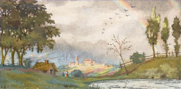 150の主題の芸術作品 Painting - 虹のある風景 コンスタンチン・ソモフの森の木々
